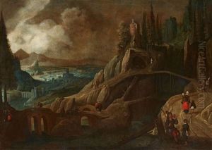 River Landscape With A Bridge And Waterfall by Tobias Verhaecht