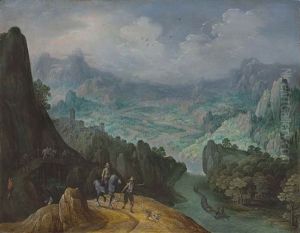 A Mountainous River Landscape With Travellers On A Path by Tobias Verhaecht