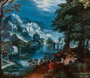 Paysage De Foret Avec La Derision D'elisee by Tobias Verhaecht