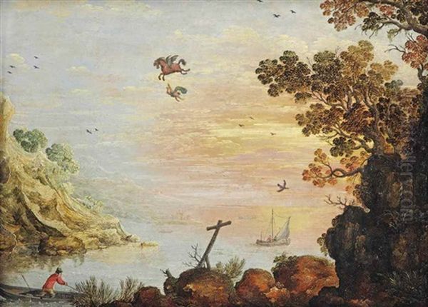 A Mountainous Seascape At Sunset With Bellerophon Falling Off Pegasus' Back, Fishermen In Boats And A Cross In The Foreground - view 1