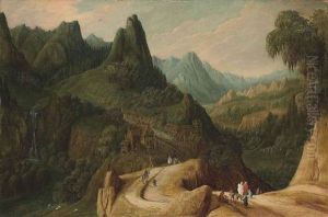 A Mountainous Landscape With Travellers On A Track