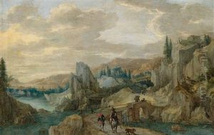 Gebirgslandschaft Mit Zwei Jagern Auf Einer Brucke Und Rastendem Gamsjager by Tobias Verhaecht