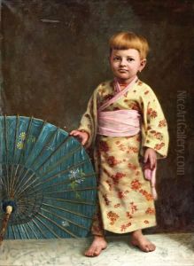Kindje In Kimono Met Blauwe Parasol