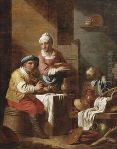 A Kitchen Interior With A Man Playing The Violin And A Woman Standing Beside Him A Kitchen Interior With A Man Playing The Violin And A Woman Standing Beside Him