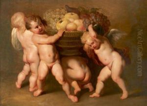 Quatre Putti Tenant Une Corbeille De Fruits (after Pierre-paul Rubens)