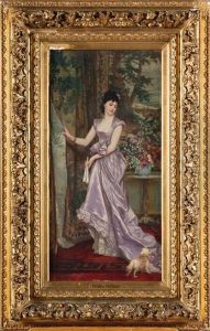 Elegante Et Son Chien Dans Un Salon Aux Tapisseries