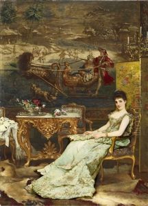 Interior Of A Salon With A Lady Holding A Fan by Frans Verhas
