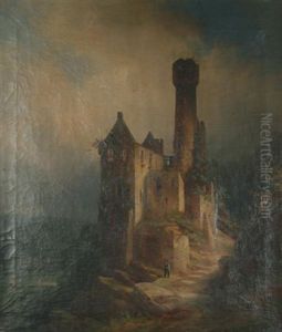 A Traveler Outside A Ruined Castle, With A River Scene In The Background by Theodor Verhas