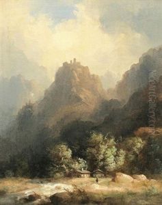 Gebirgslandschaft Mit Burgruine Auf Berggipfel, Im Vordergrund Zwei Hauser Am by Theodor Verhas
