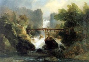 Romantische Gebirgslandschaft Mit Einer Holzbrucke Und Figurlicher Staffage
