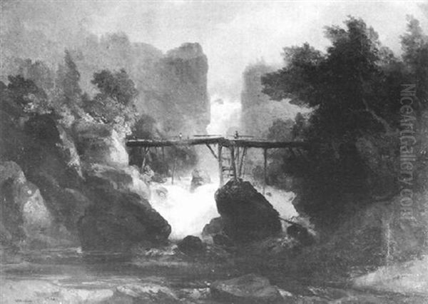 Figures Crossing A Bridge Over A Mountain Torrent - view 1
