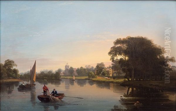 Summer River Landscape With Fishermen Bringing In The Net - view 1