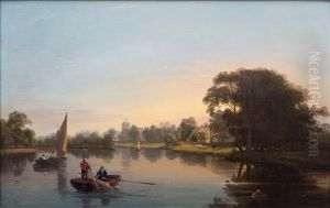 Summer River Landscape With Fishermen Bringing In The Net
