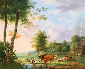 Boerin Met Koeien En Hond Aan Een Drenkplaats by Hendrik Frederik Verheggen
