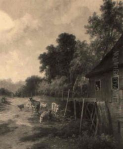A Herdsman And Cattle Resting Near A Watermill by Hendrik Frederik Verheggen