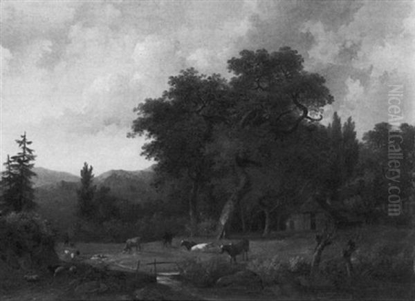 A Wooded Landscape With Cattle In A Meadow Along A Ditch, A Farm Nearby - view 1