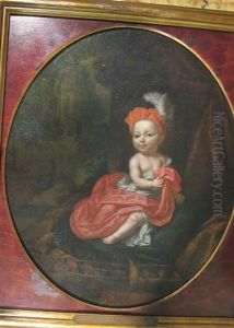 Jeune Prince Assis De Trois-quarts Sur Un Coussin De Velours, En Habit Et Bonnet Rouges, Dans Le Jardin D'un Palais