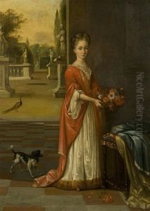 Portrait Of A Young Girl In A White Dress And Red Gown, Holding A Small Basket Of Flowers, Standing Before A Terrace