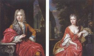 Portrait Of Joan Van Schuylenburch Wearing A Blue Lined Yellow Jacket, Lace Shirt, Red Silk Wrap And A Wig