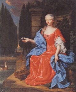 A Portrait Of A Lady In A Red Dress With A Blue Silk Wrap, Holding A Bird, With A Birdcage At Her Side, In A Garden Setting