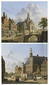 A Church Along A Canal, Holland; And A Busy Town Square, Holland by Jan Hendrik Verheyen