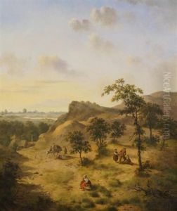 Houtsprokkelaars En Landschap Op Beboste Heuvel by Jan Hendrik Verheyen