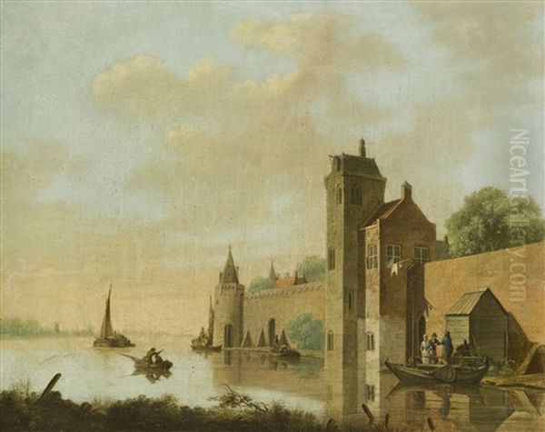 A River Landscape With A Walled Castle And Figures Boarding A Ferry - view 1