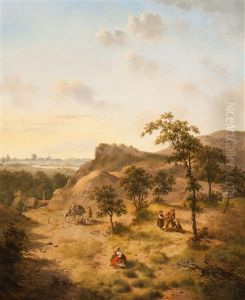 Wood Gatherers And Folk On A Wooded Hill by Jan Hendrik Verheyen