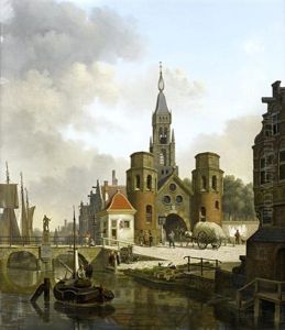 Figures In A Canalside Town by Jan Hendrik Verheyen