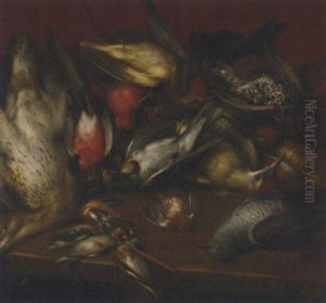 A Hunting Still Life With A Sparrow, A Pigeon, A Woodpecker, A Starling, A Pheasant, A Robin And Other Fowl On A Wooden Table Before A Red Background