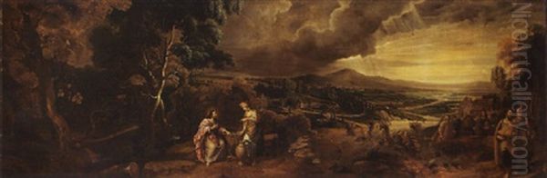 An Extensive Wooded River Landscape With Christ And The Woman Of Samaria - view 1