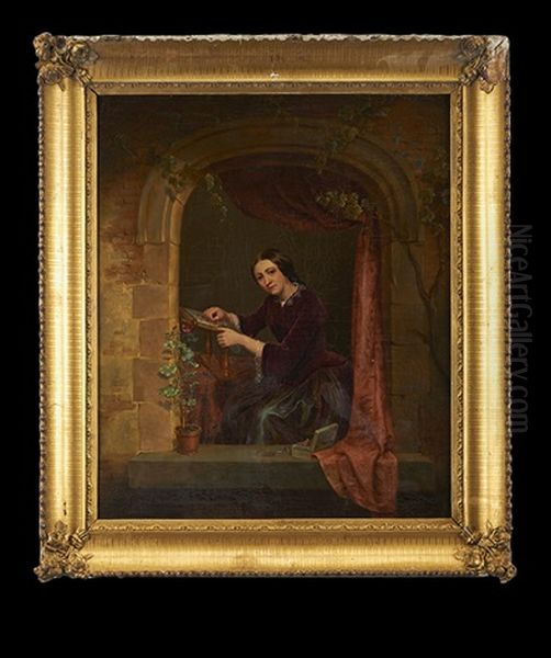 Woman Embroidering At A Window - view 1