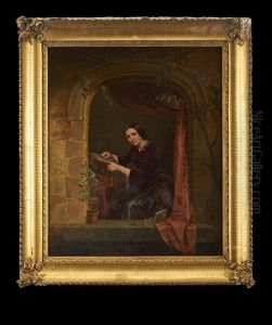 Woman Embroidering At A Window by Adrien Joseph Verhoeven-Ball
