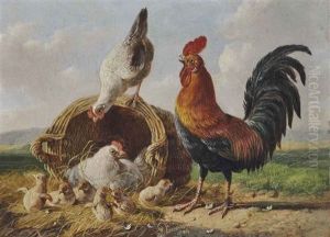 Rooster With Hens And Chicks by Adrien Joseph Verhoeven-Ball