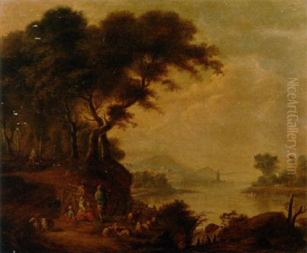 A Wooded River Landscape With Figures And Sheep On A Bank, Figures In A Rowing Boat Beyond, A View To A Town In The Distance - view 1