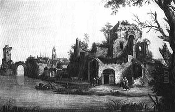 A Capriccio River Landscape With Ancient Ruins And A Walled Town Beyond - view 1
