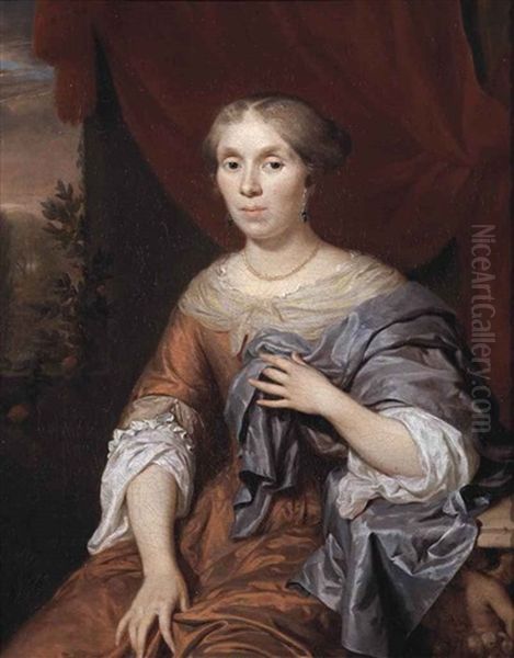 Portrait Of A Lady, Three-quarter Length,-in An Orange Satin Dress And Blue Shawl, Seated At A Marble Table Before A Curtain, A Landscape Beyond - view 1
