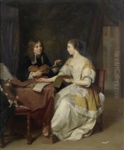 An Elegant Couple Making Music In An Interior by Jan Verkolje the Elder
