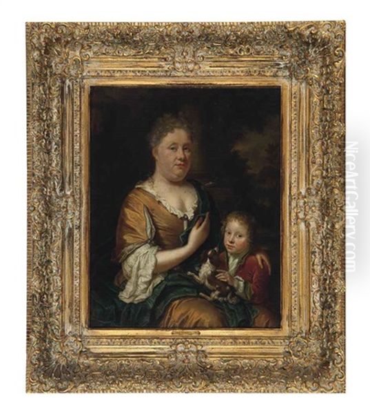 Portrait Of A Lady And Child Holding A Spaniel - view 1