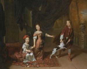 A Portrait Of Two Sisters And Their Brother Playing With A Dog by Jan Verkolje the Elder