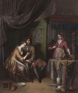 An Amorous Couple Being Offered A Glass Of Wine By A Woman In A Tavern Interior by Jan Verkolje the Elder