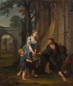 An Allegory Of Charity: A Young Woman And A Boy Offering Sustenance To An Old Man by Nicholaas Verkolye