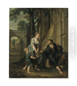 An Allegory Of Charity: A Young Woman And A Boy Offering Sustenance To An Old Man by Nicholaas Verkolye