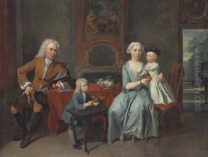A Family Portrait Of A Gentleman, His Wife Handing An Apple To The Daughter And Their Son Feeding A Parrot In An Interior, A Park Beyond