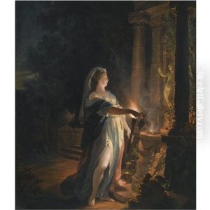 A Goddess Making An Offering At An Altar To Cupid At Night