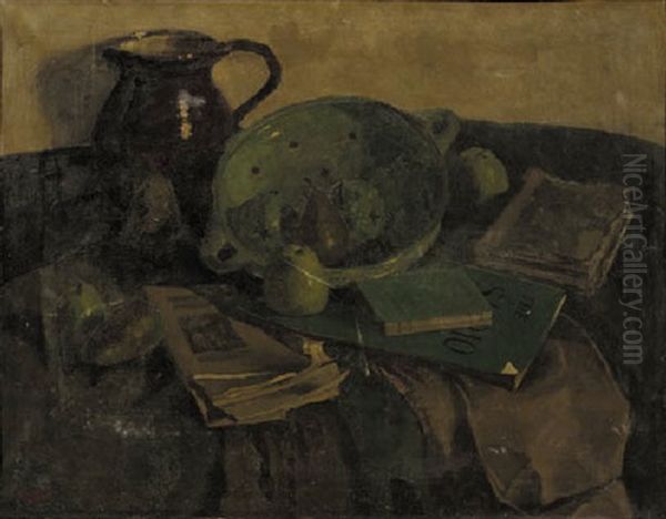 A Still Life With A Jar, Fruit And Books - view 1