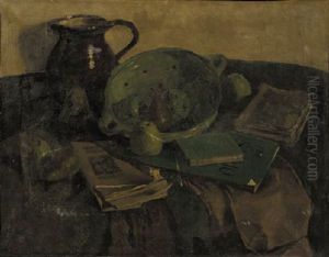 A Still Life With A Jar, Fruit And Books by Lucas Verkoren