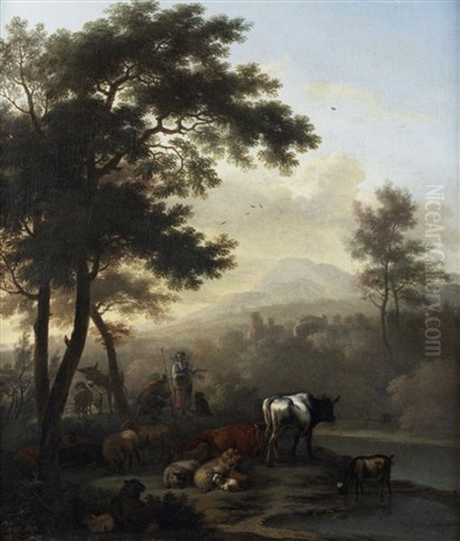 Shepherds Grazing Their Cattle Before An Open Italianate Landscape - view 1