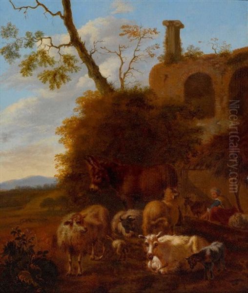 Hirtin Mit Vieh In Sudlicher Ruinenlandschaft - view 1