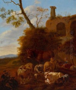 Hirtin Mit Vieh In Sudlicher Ruinenlandschaft by Jan Vermeer van Haarlem III